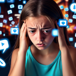 A teenager looking stressed and overwhelmed while surrounded by multiple glowing smartphones and social media notifications. The background is blurred, representing the loss of focus and connection to the real world. The overall tone is concerning and cautionary about the excessive use of smartphones.
