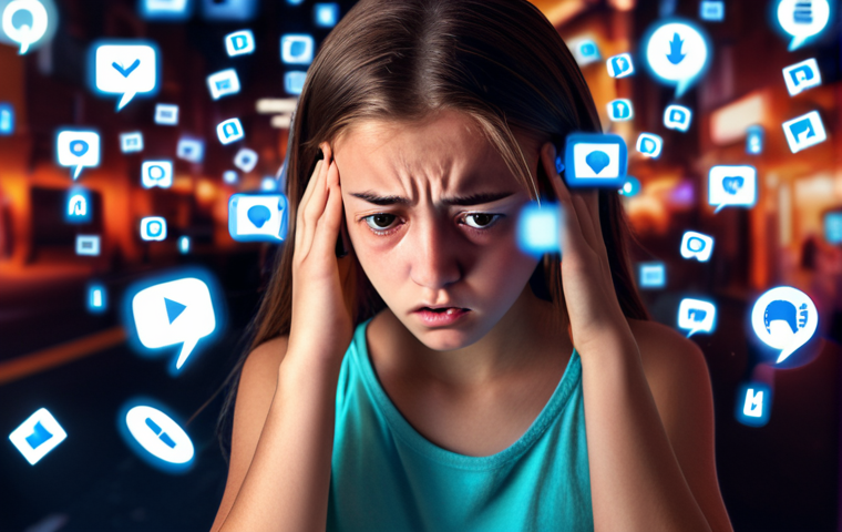 A teenager looking stressed and overwhelmed while surrounded by multiple glowing smartphones and social media notifications. The background is blurred, representing the loss of focus and connection to the real world. The overall tone is concerning and cautionary about the excessive use of smartphones.