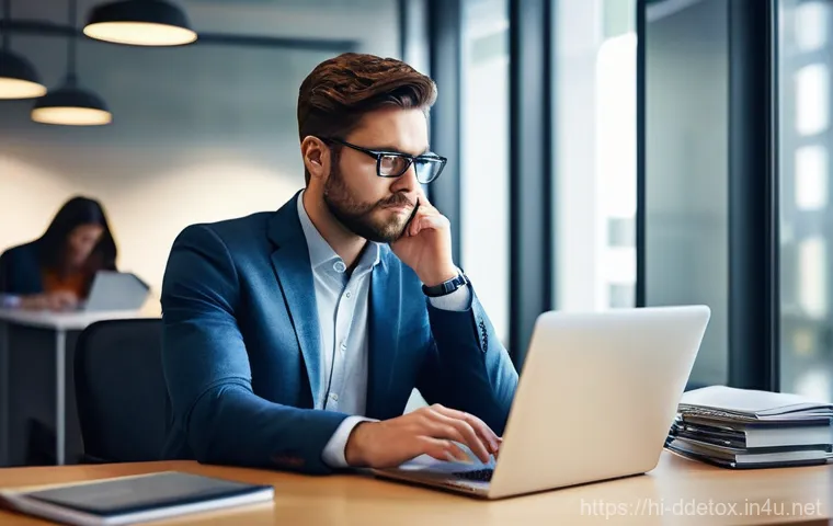 디지털디톡스와 업무 효율성 향상 - **Digital Overload and Seeking Respite:** A young professional, appearing subtly overwhelmed, sits a...