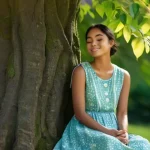 디지털디톡스와 삶의 질 향상 - **Prompt:** A serene young woman, approximately 20-25 years old, sits peacefully under a large, leaf...