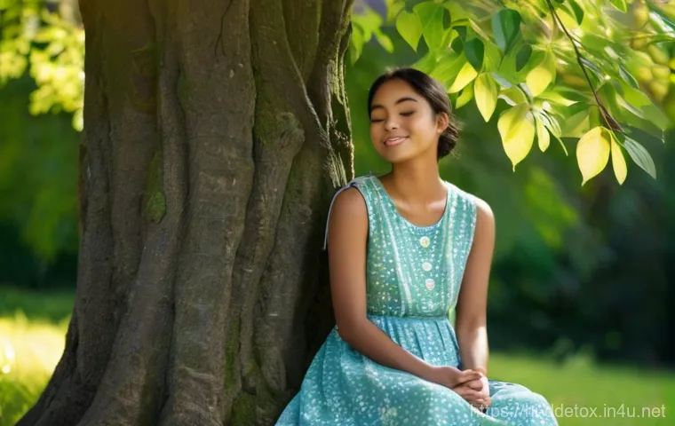 디지털디톡스와 삶의 질 향상 - **Prompt:** A serene young woman, approximately 20-25 years old, sits peacefully under a large, leaf...