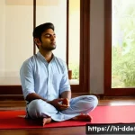 디지털디톡스와 디지털 사용자의 문제 - A serene morning scene showing a young Indian man sitting cross-legged on a wooden floor in a tradit...