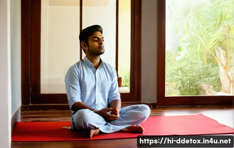 디지털디톡스와 디지털 사용자의 문제 - A serene morning scene showing a young Indian man sitting cross-legged on a wooden floor in a tradit...