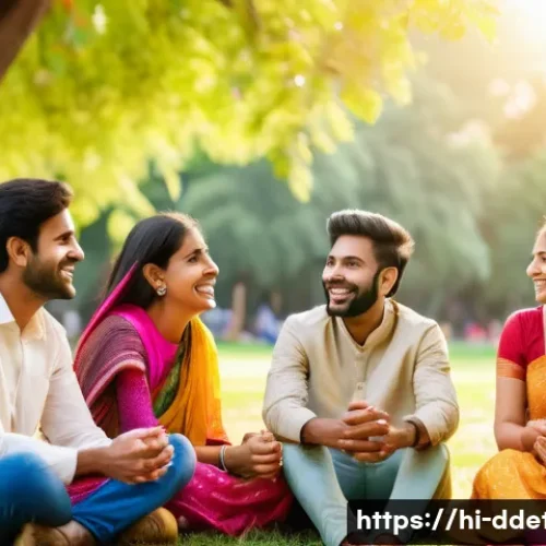 디지털디톡스와 친구와의 관계 개선 - A warm, natural setting of a group of Indian friends sitting together outdoors in a park during late...