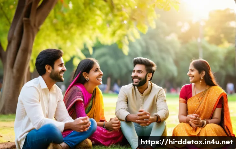 디지털디톡스와 친구와의 관계 개선 - A warm, natural setting of a group of Indian friends sitting together outdoors in a park during late...