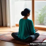 디지털디톡스와 수면의 질 - A serene Indian woman in her late 20s practicing mindfulness meditation in a softly lit room with tr...