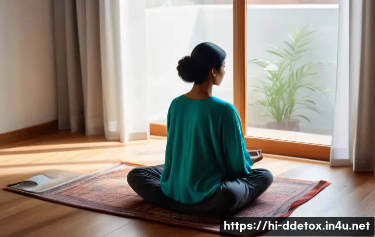 디지털디톡스와 수면의 질 - A serene Indian woman in her late 20s practicing mindfulness meditation in a softly lit room with tr...