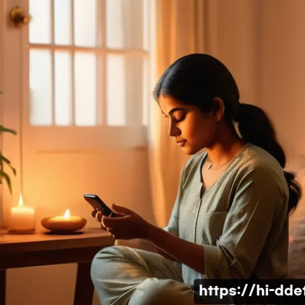 디지털디톡스 저녁 루틴 - A serene evening scene showing a young Indian woman sitting comfortably in a cozy living room, gentl...