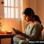 디지털디톡스 저녁 루틴 - A serene evening scene showing a young Indian woman sitting comfortably in a cozy living room, gentl...