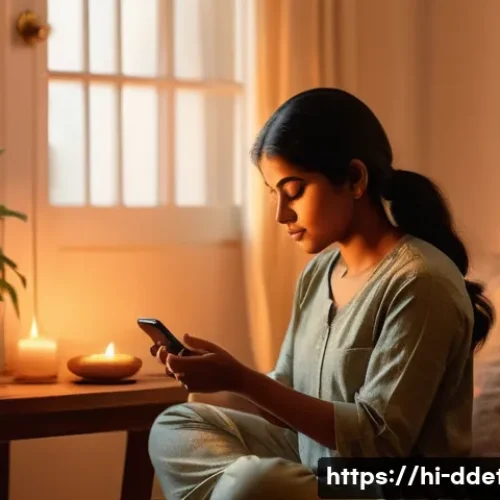 디지털디톡스 저녁 루틴 - A serene evening scene showing a young Indian woman sitting comfortably in a cozy living room, gentl...