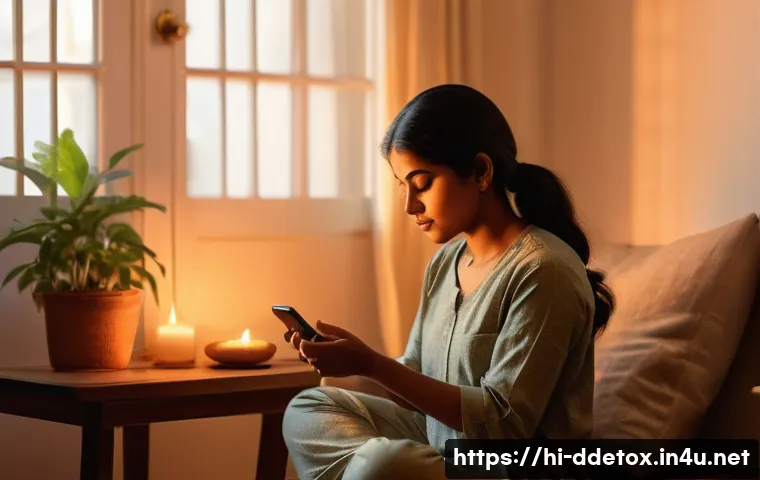 디지털디톡스 저녁 루틴 - A serene evening scene showing a young Indian woman sitting comfortably in a cozy living room, gentl...