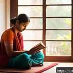 Home 22 디지털디톡스 일주일 실천기 - A serene morning scene in an Indian home, featuring a young Hindi-speaking adult sitting peacefully ...