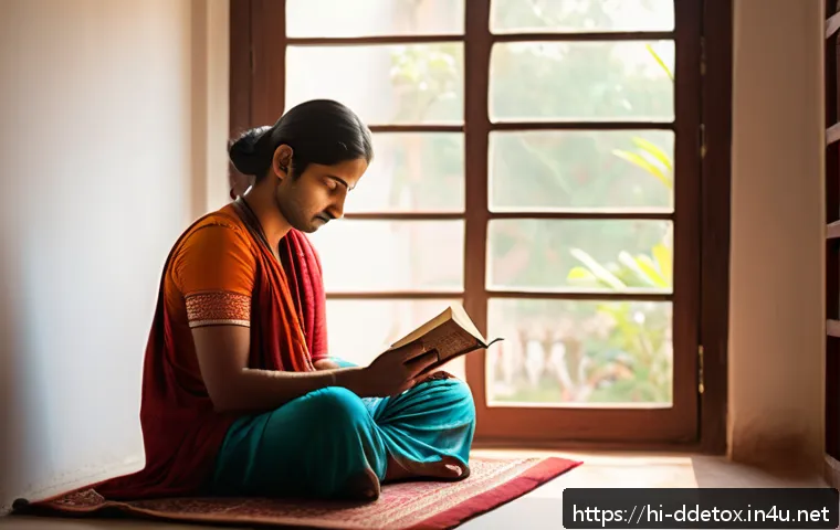 디지털디톡스 일주일 실천기 - A serene morning scene in an Indian home, featuring a young Hindi-speaking adult sitting peacefully ...