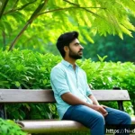 Home 21 디지털디톡스와 가상 현실의 영향 - A serene outdoor scene showing a young Indian man sitting peacefully on a park bench surrounded by l...