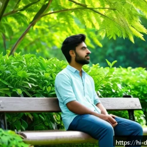 Home 33 디지털디톡스와 가상 현실의 영향 - A serene outdoor scene showing a young Indian man sitting peacefully on a park bench surrounded by l...
