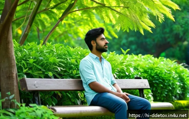 디지털디톡스와 가상 현실의 영향 - A serene outdoor scene showing a young Indian man sitting peacefully on a park bench surrounded by l...