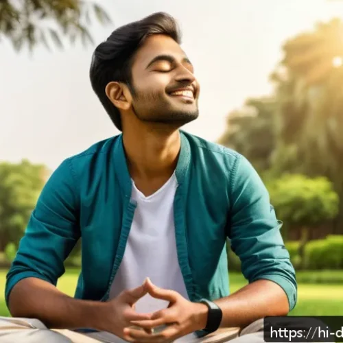 Home 31 디지털디톡스와 인터넷 필터링 - A serene scene showing a young Indian man sitting peacefully outdoors in a lush green park during go...