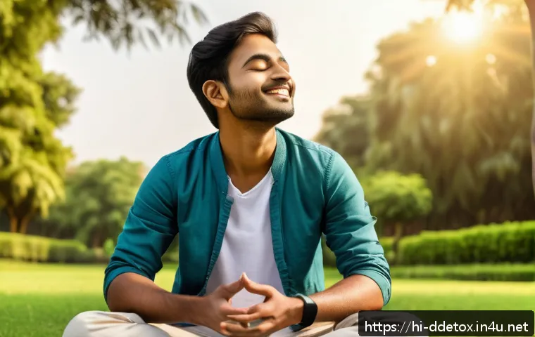 디지털디톡스와 인터넷 필터링 - A serene scene showing a young Indian man sitting peacefully outdoors in a lush green park during go...