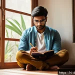 Home 18 디지털디톡스와 소셜 미디어 일기 - A serene indoor scene featuring a young Indian man sitting cross-legged on a wooden floor in a cozy ...
