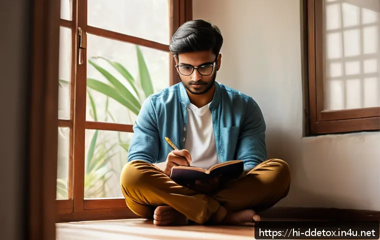 디지털디톡스와 소셜 미디어 일기 - A serene indoor scene featuring a young Indian man sitting cross-legged on a wooden floor in a cozy ...