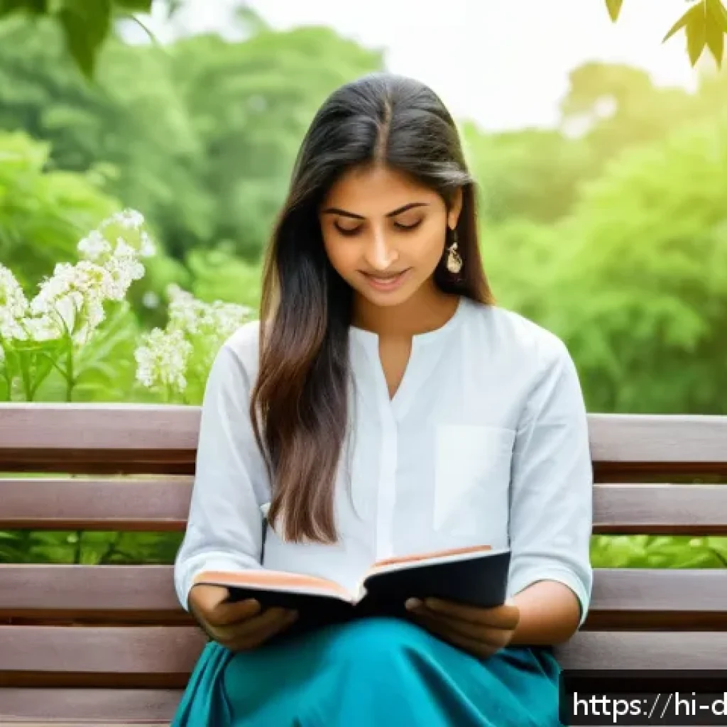 디지털디톡스와 디지털 균형 찾기 - A serene outdoor scene featuring a young Indian woman in casual clothing sitting peacefully on a par...