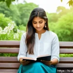 Home 23 디지털디톡스와 디지털 균형 찾기 - A serene outdoor scene featuring a young Indian woman in casual clothing sitting peacefully on a par...