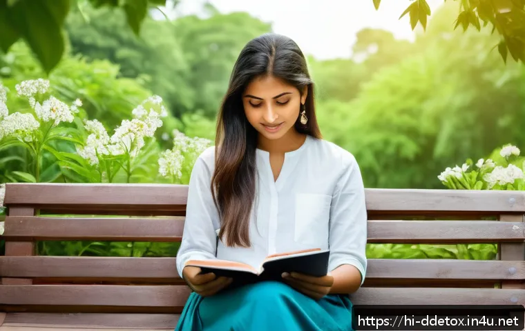 디지털디톡스와 디지털 균형 찾기 - A serene outdoor scene featuring a young Indian woman in casual clothing sitting peacefully on a par...